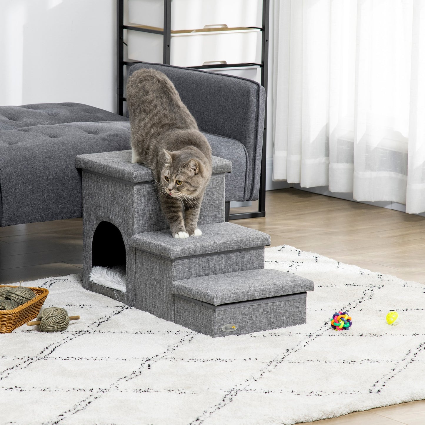 Pawhut 3 Step Dog Steps for Bed W/ Cat House Storage Boxes for Sofa Grey