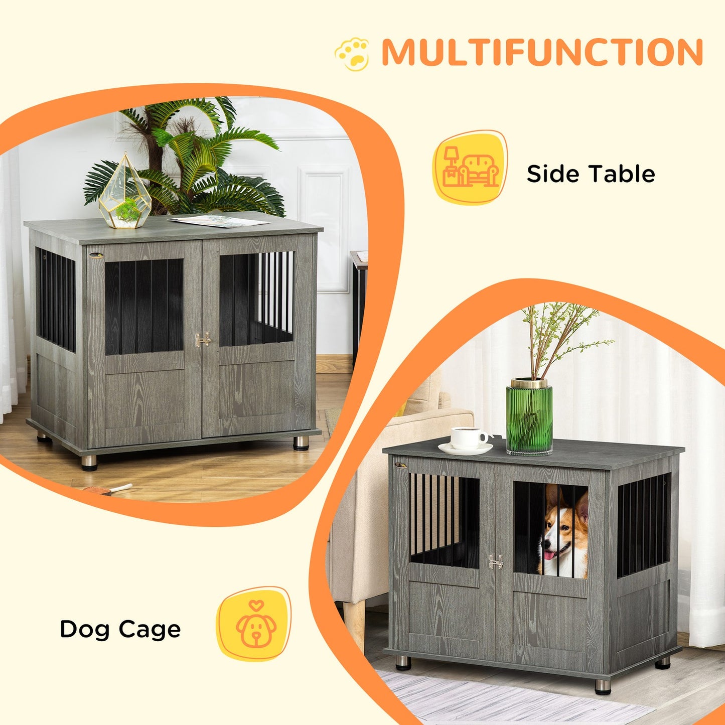 Pawhut Dog Crate Kennel Cage for Small Medium Dog, Indoor End Table, Grey