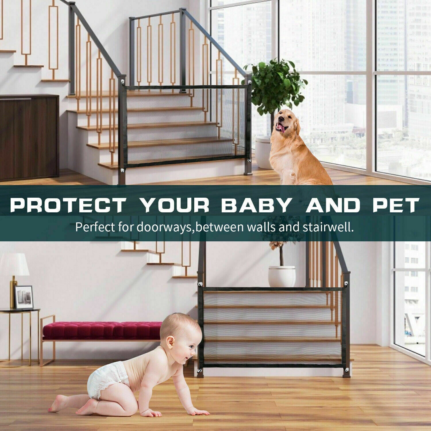 Pet Isolation Mesh No Drilling Safety Fences Net Portable Dog Cat Stair Door