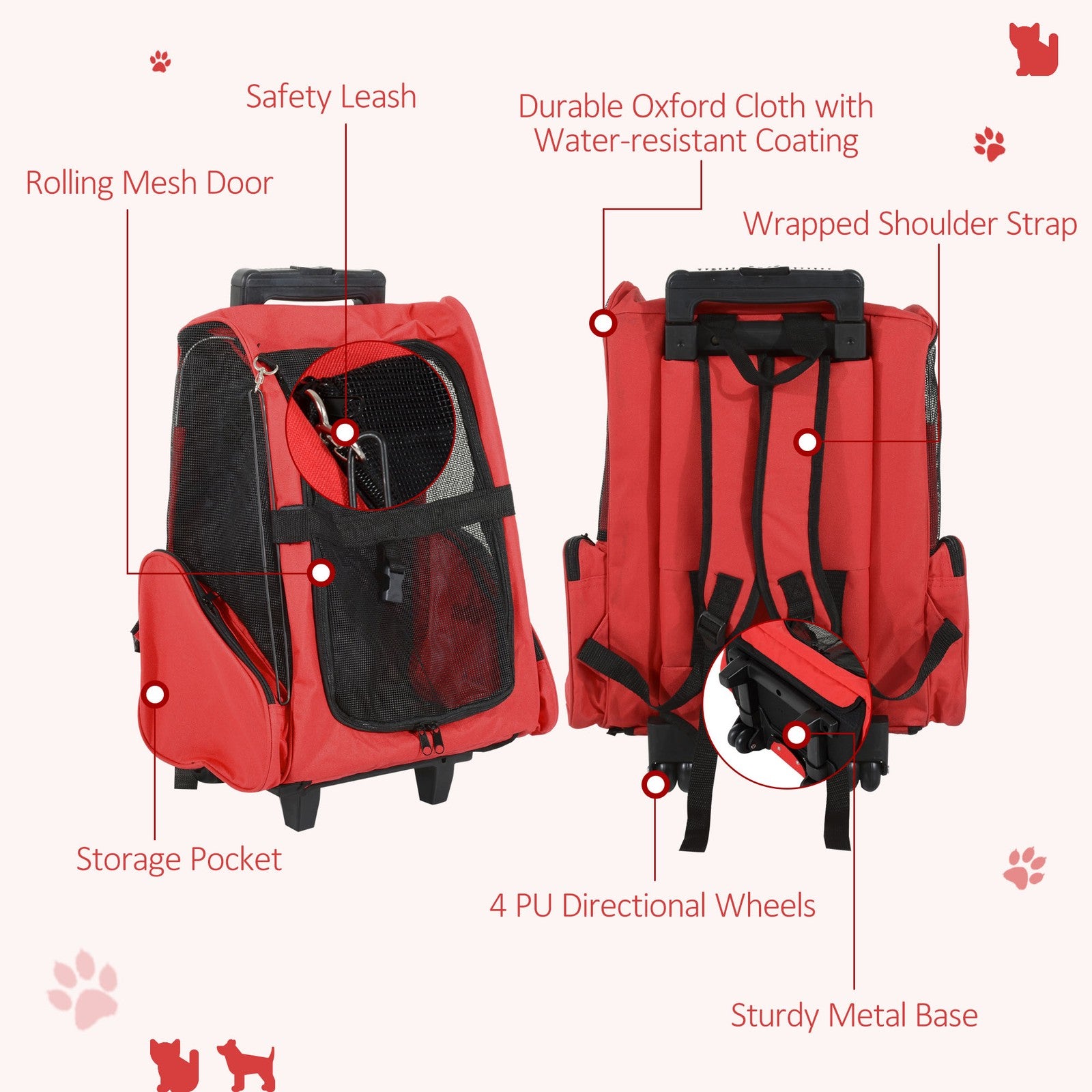 Pawhut Pet Travel Backpack Bag Cat Puppy Dog Carrier W/ Trolley and Telescopic