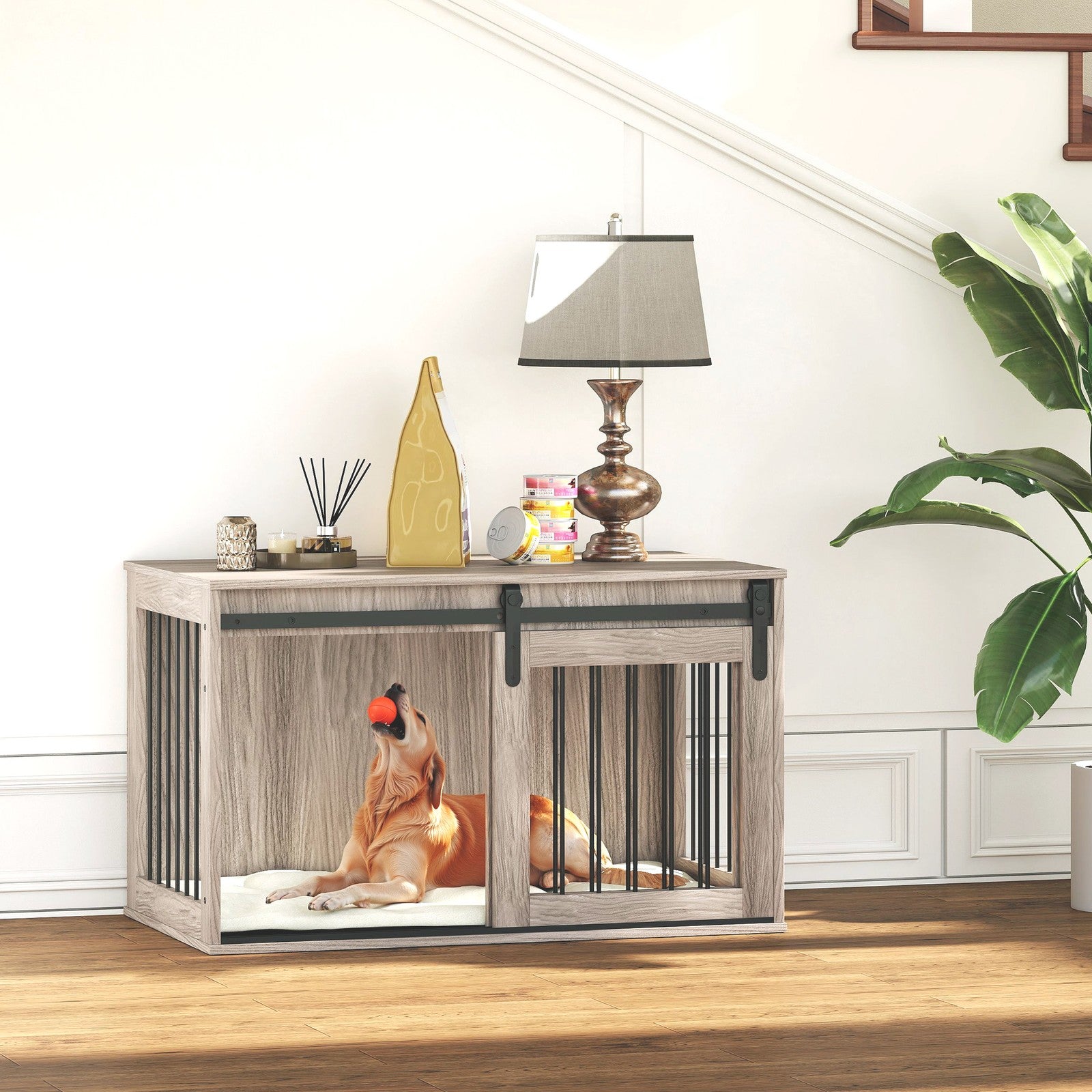 Pawhut Dog Crate Furniture with Removable Cushion for Large Dogs - Brown