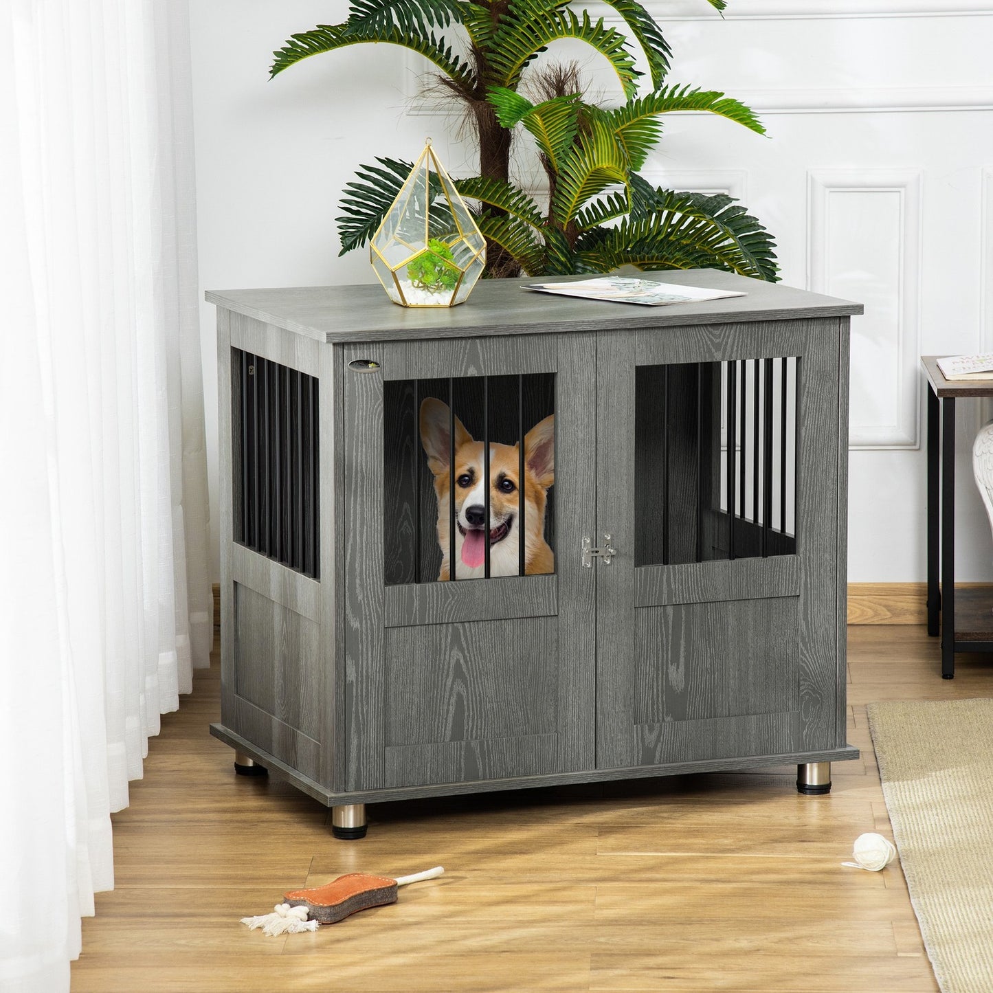 Pawhut Dog Crate Kennel Cage for Small Medium Dog, Indoor End Table, Grey