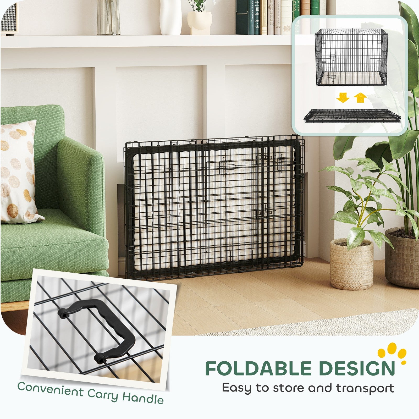 Pawhut Dog Crate with Two Doors, Tray, Soft Cushion, for Large Dogs, Black