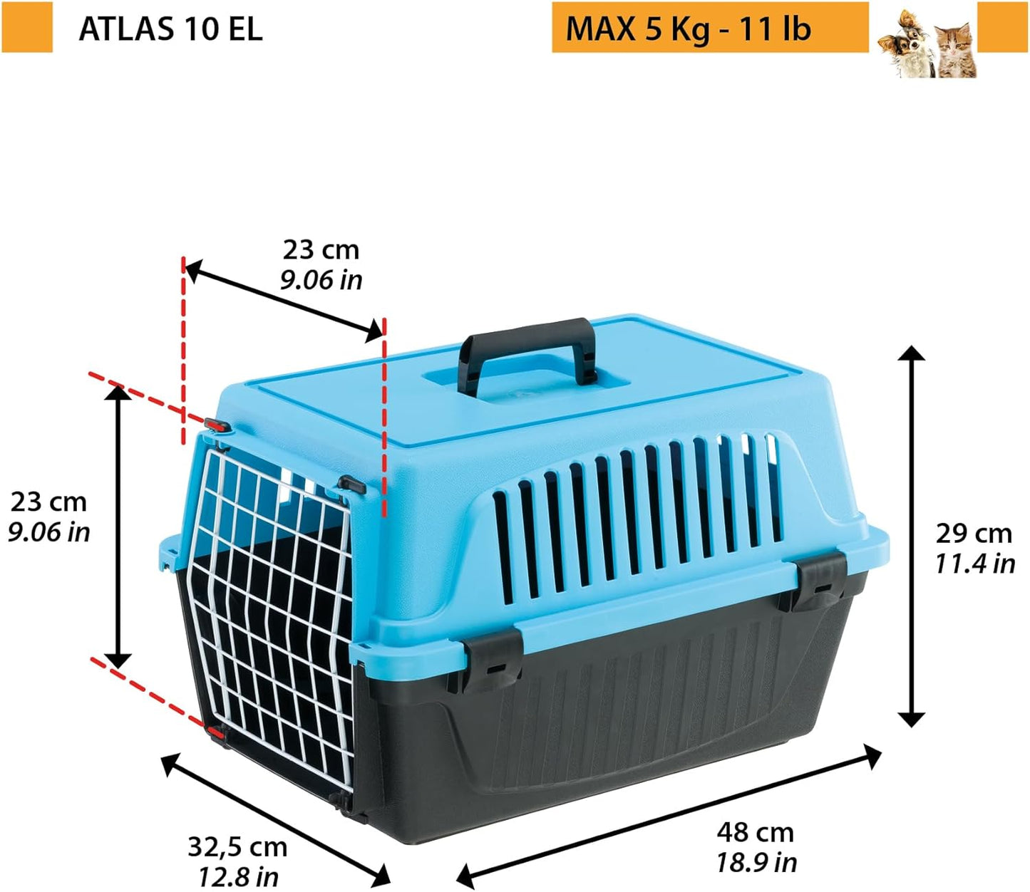 Cat Carrier Small Dog Carrier, Secure, Practical, Easy to Clean, Durable Pet Dog/Cat Travel Box Cage up to 5 Kg. 48 X 32.5 X H 29 Cm. Blue