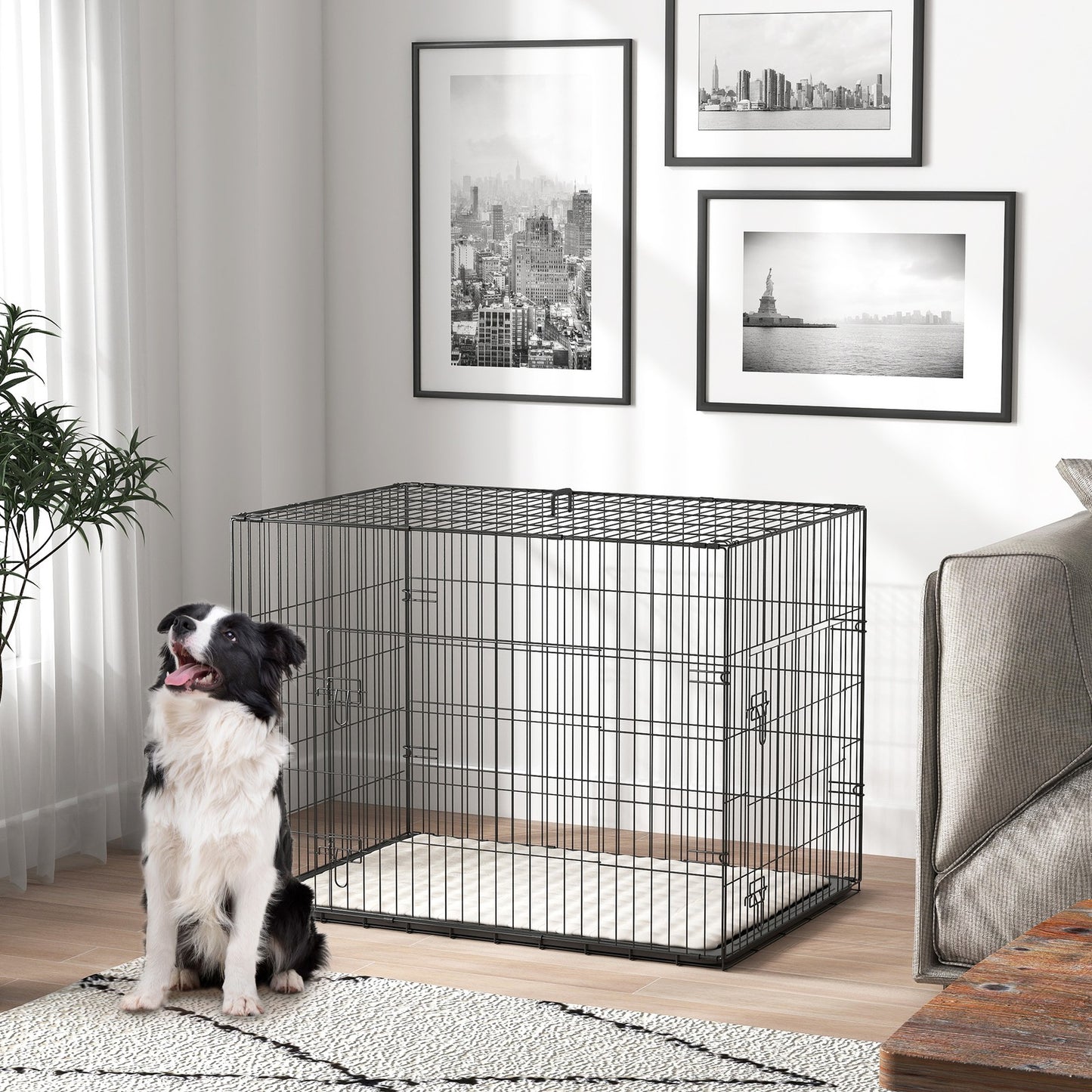 Pawhut Dog Crate with Two Doors, Tray, Soft Cushion, for Large Dogs, Black