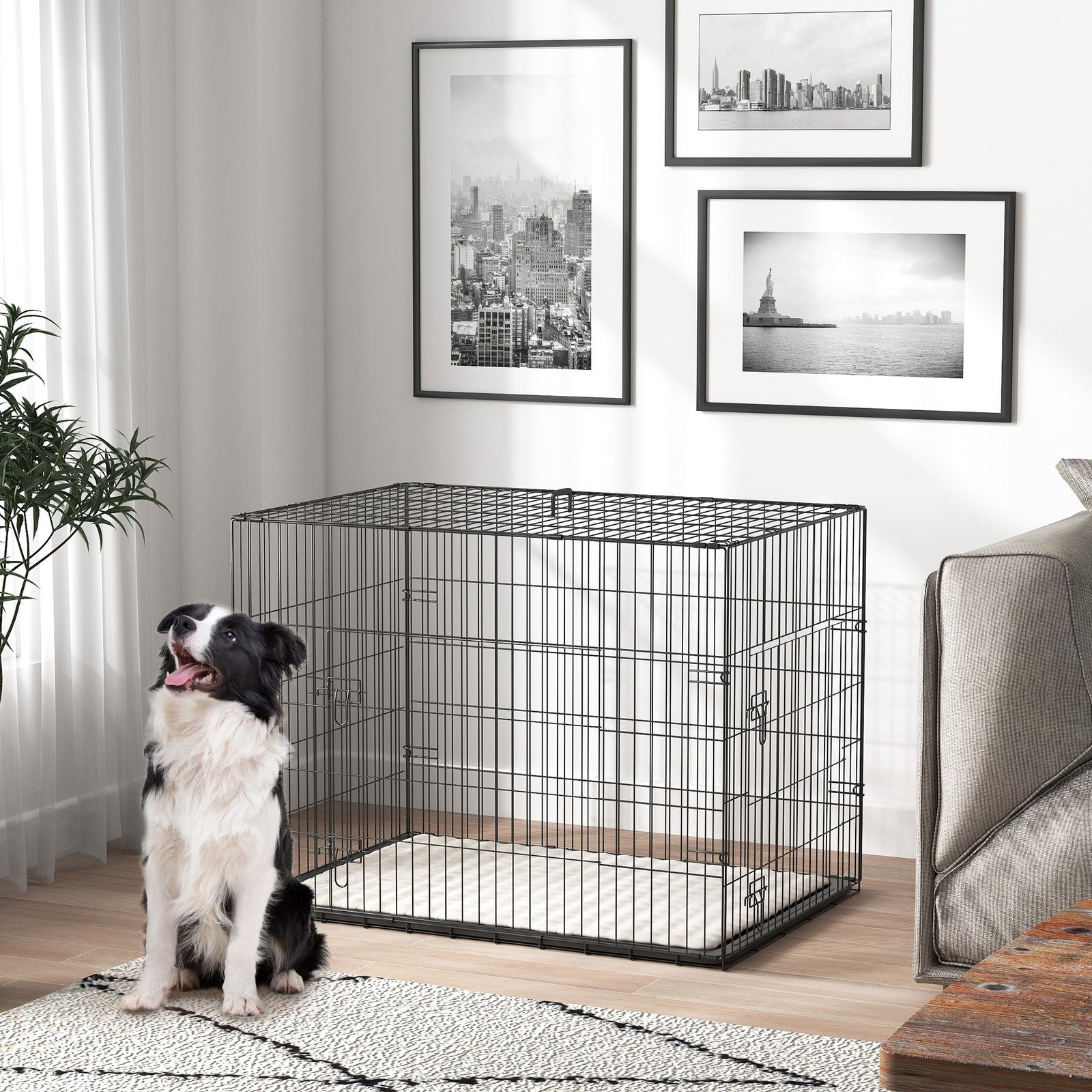 Pawhut Dog Crate with Two Doors, Tray, Soft Cushion, for Large Dogs, Black