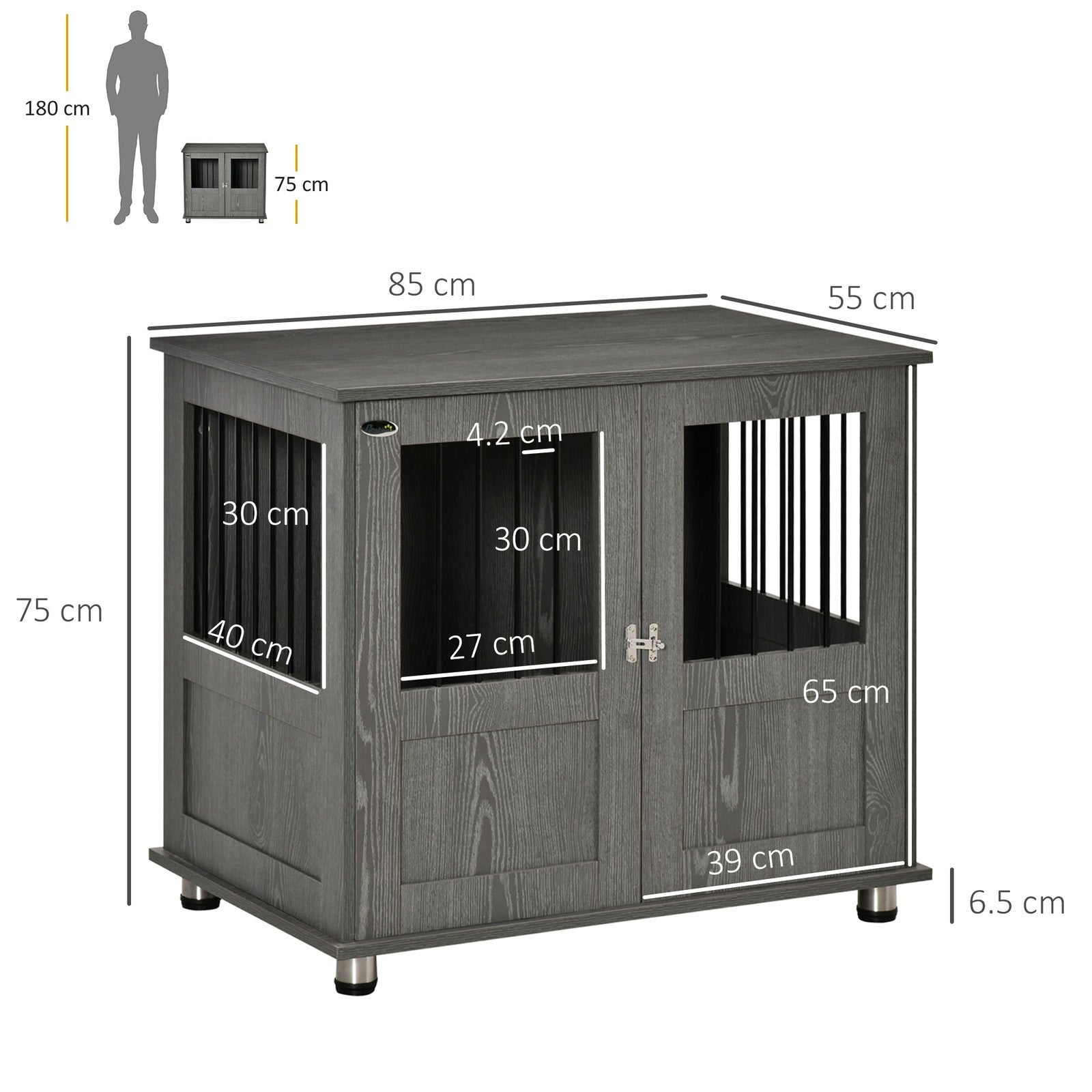 Pawhut Dog Crate Kennel Cage for Small Medium Dog, Indoor End Table, Grey