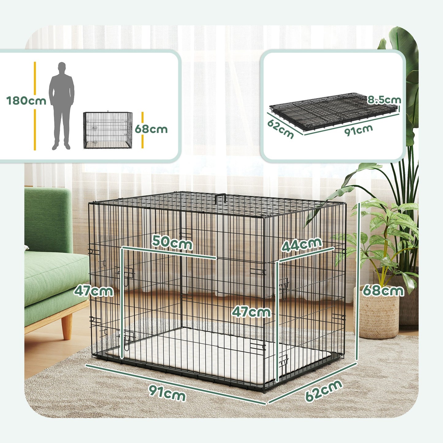 Pawhut Dog Crate with Two Doors, Tray, Soft Cushion, for Large Dogs, Black