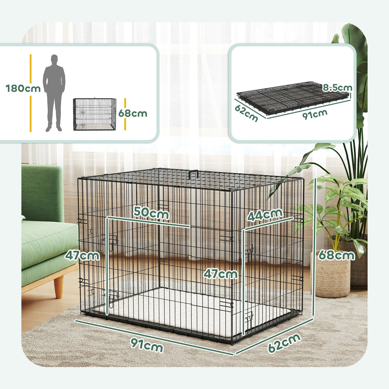 Pawhut Dog Crate with Two Doors, Tray, Soft Cushion, for Large Dogs, Black