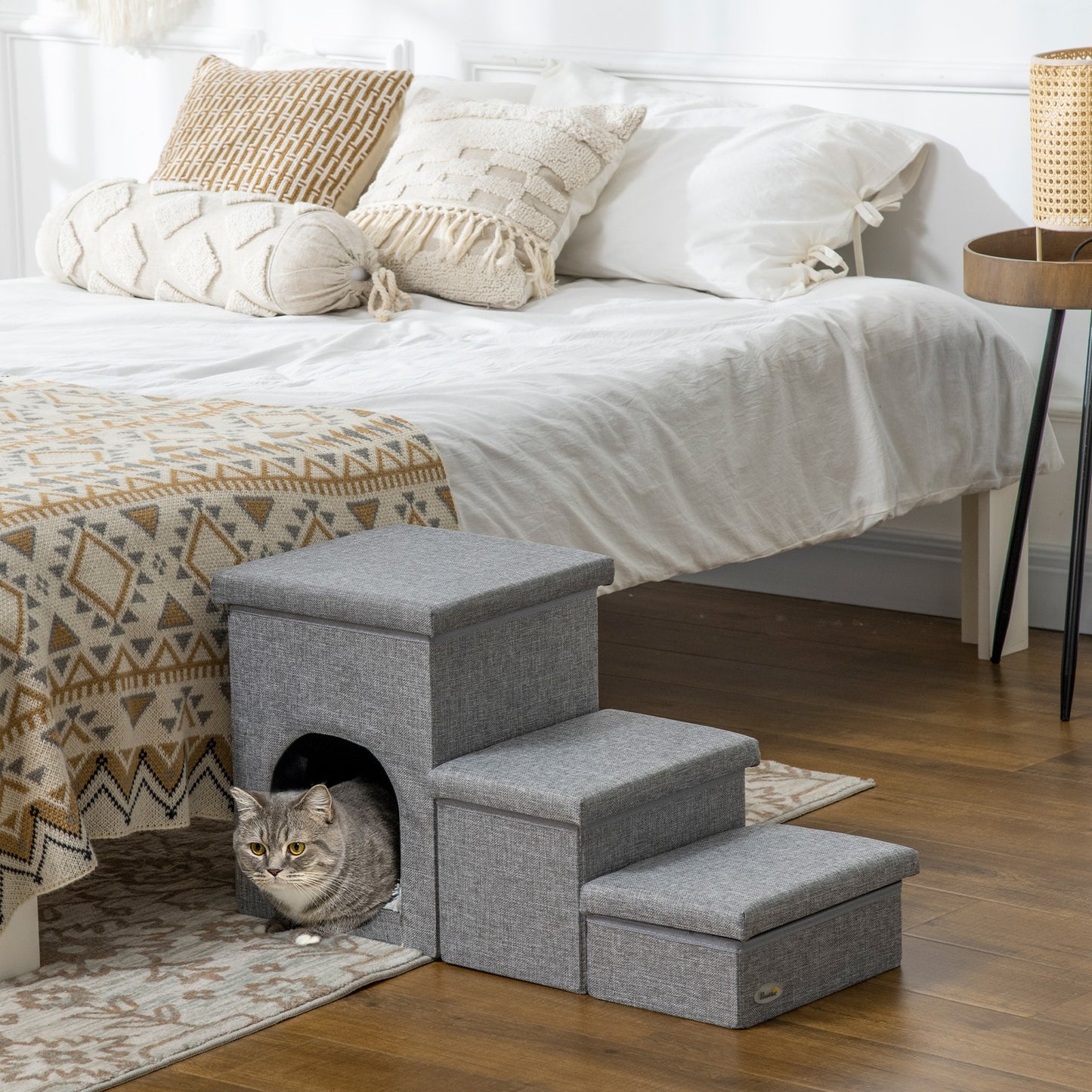 Pawhut 3 Step Dog Steps for Bed W/ Cat House Storage Boxes for Sofa Grey