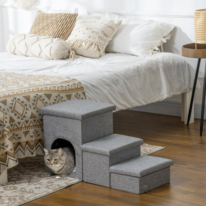 Pawhut 3 Step Dog Steps for Bed W/ Cat House Storage Boxes for Sofa Grey