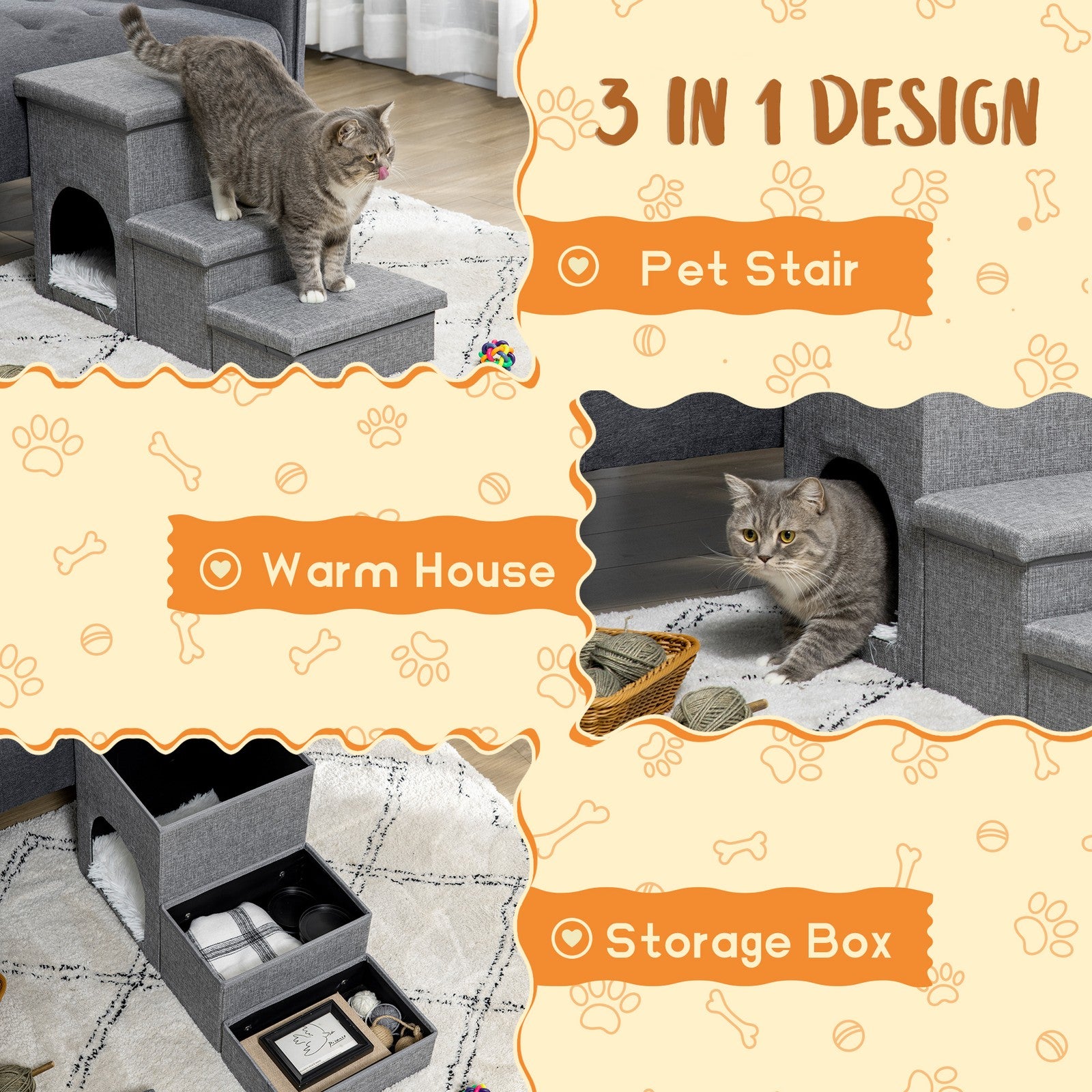 Pawhut 3 Step Dog Steps for Bed W/ Cat House Storage Boxes for Sofa Grey