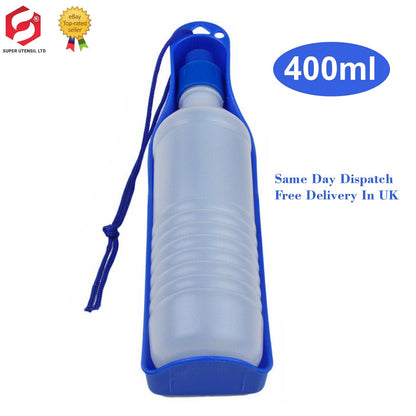 Travel Pet Water Bottle 400Ml Dispenser 2 in 1 and Drink Tray Foldable Belt Clip
